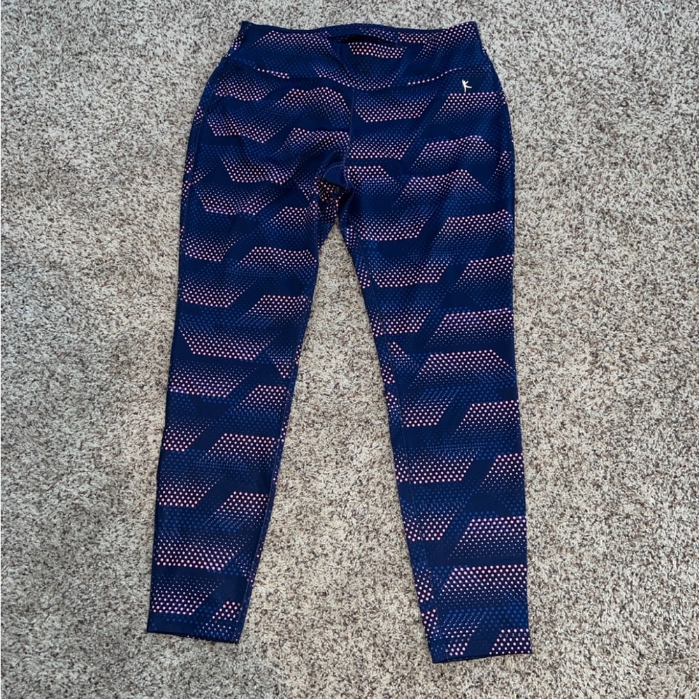 Danskin Now Navy Blue & Coral Dot Print Fitted Active Leggings | Size L